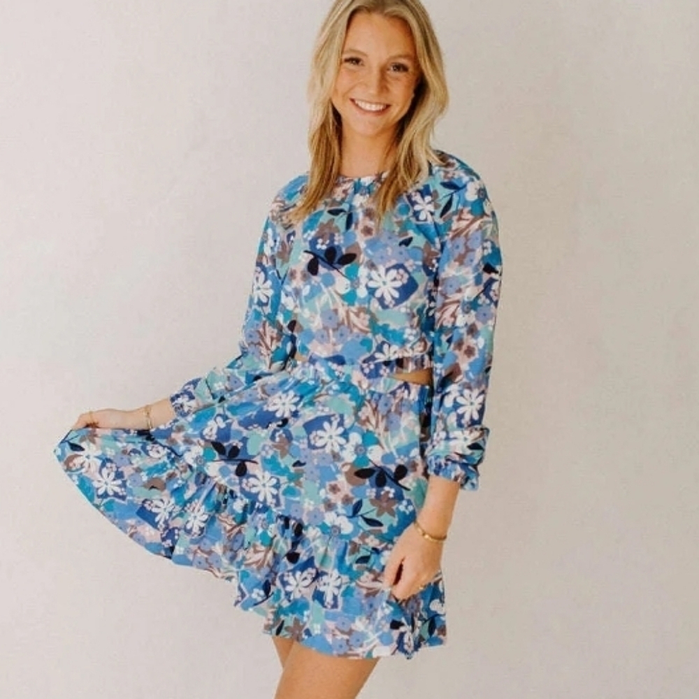 NWT Heartloom Women's Mika Dress Blue Floral Attached 2 Piece Long Sleeve